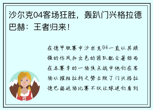 沙尔克04客场狂胜，轰趴门兴格拉德巴赫：王者归来！